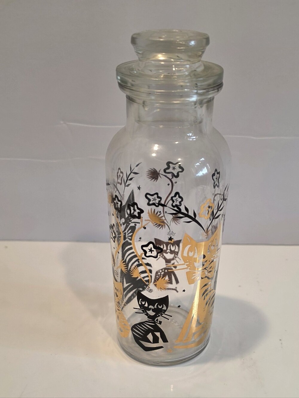 Vintage Apothecary Jar With Lid. Featuring Design Of Black And Gold Cats